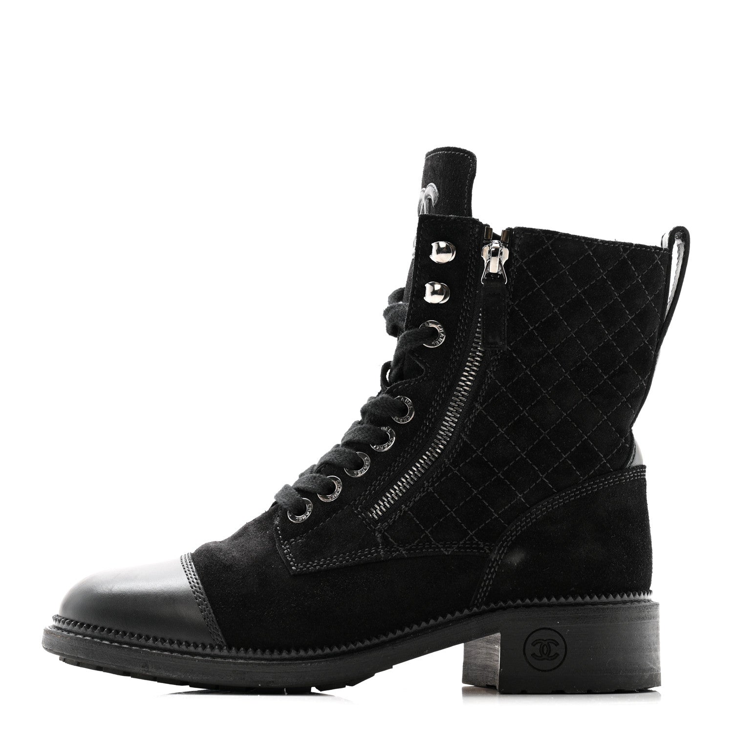 Chanel Suede Calfskin Quilted Lace Up Boots 38 Black 1 of 22