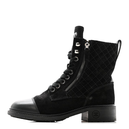 Chanel Suede Calfskin Quilted Lace Up Boots 38 Black 1 of 22