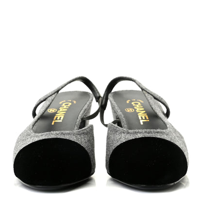 Chanel Wool Velvet Cap Toe CC Slingback Pumps 39 Black Grey 3 of 10