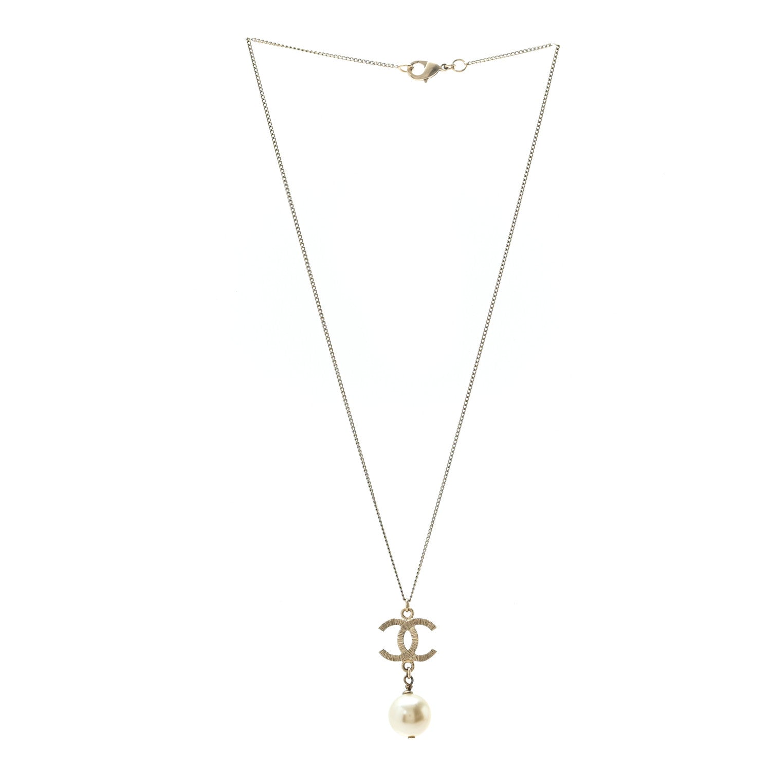 Chanel Metal Textured CC Pearl Drop Necklace Gold 3 of 4
