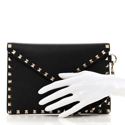 Valentino Garavani Pebbled Calfskin Medium Rockstud Envelope Flat Wristlet Pouch Black 2 of 8