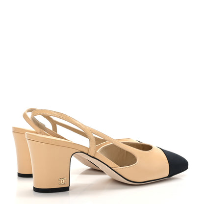 Chanel Goatskin Grosgrain Cap Toe CC Slingback Pumps 40 Beige Black 4 of 7