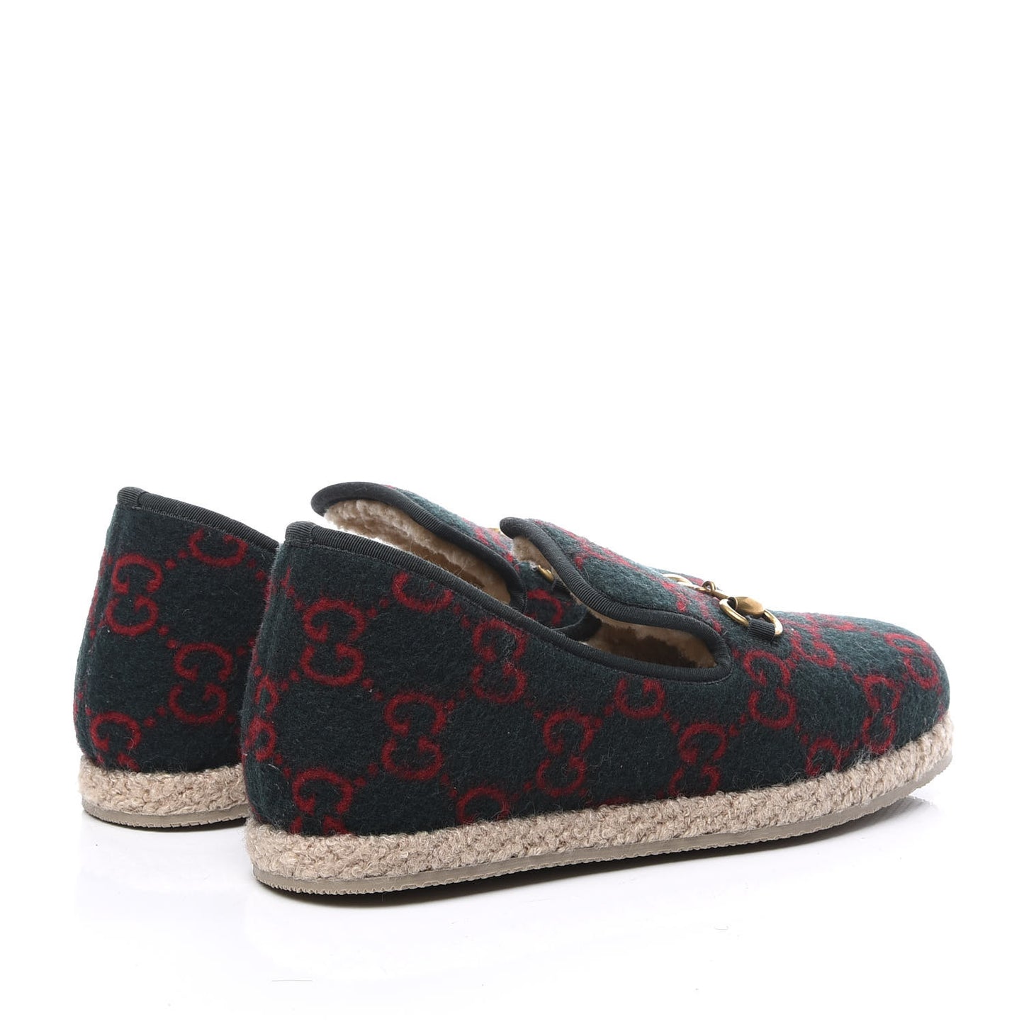 Covered Wool GG Monogram Mens Fria Horsebit Loafers 6 Green Red Shamarock Butterscotch