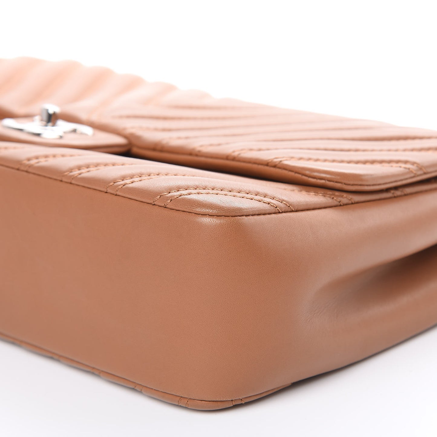 Lambskin Chevron Double Stitch Jumbo Single Flap Camel