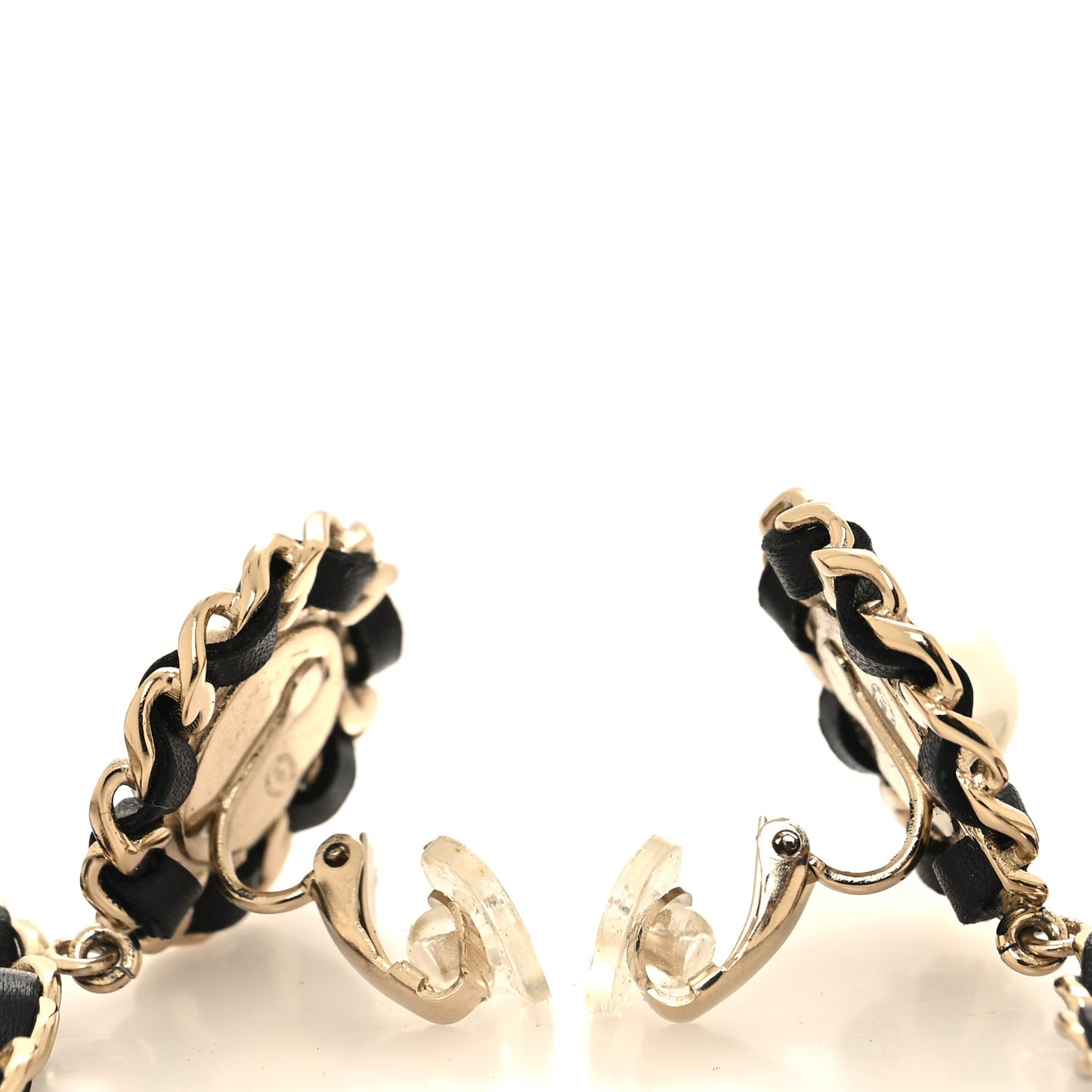 Pearl Lambskin Chain Logo Hoop Clip On Earrings Black Gold