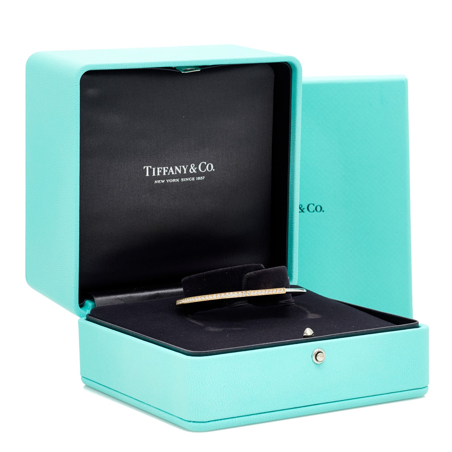 Tiffany 18K Yellow White Gold Diamond Narrow Tiffany Lock Half Pave Bangle Bracelet 6 of 6