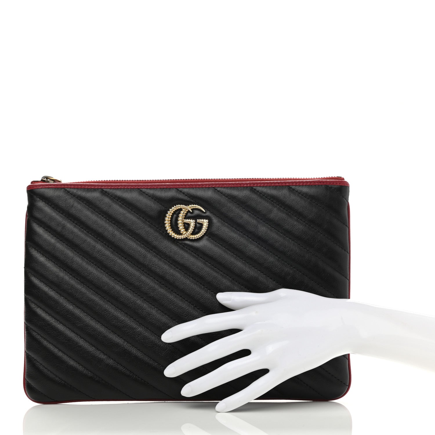 Gucci Azalea Calfskin Matelasse Diagonal Torchon GG Marmont Zip Pouch Black Romantic Cerise 2 of 8