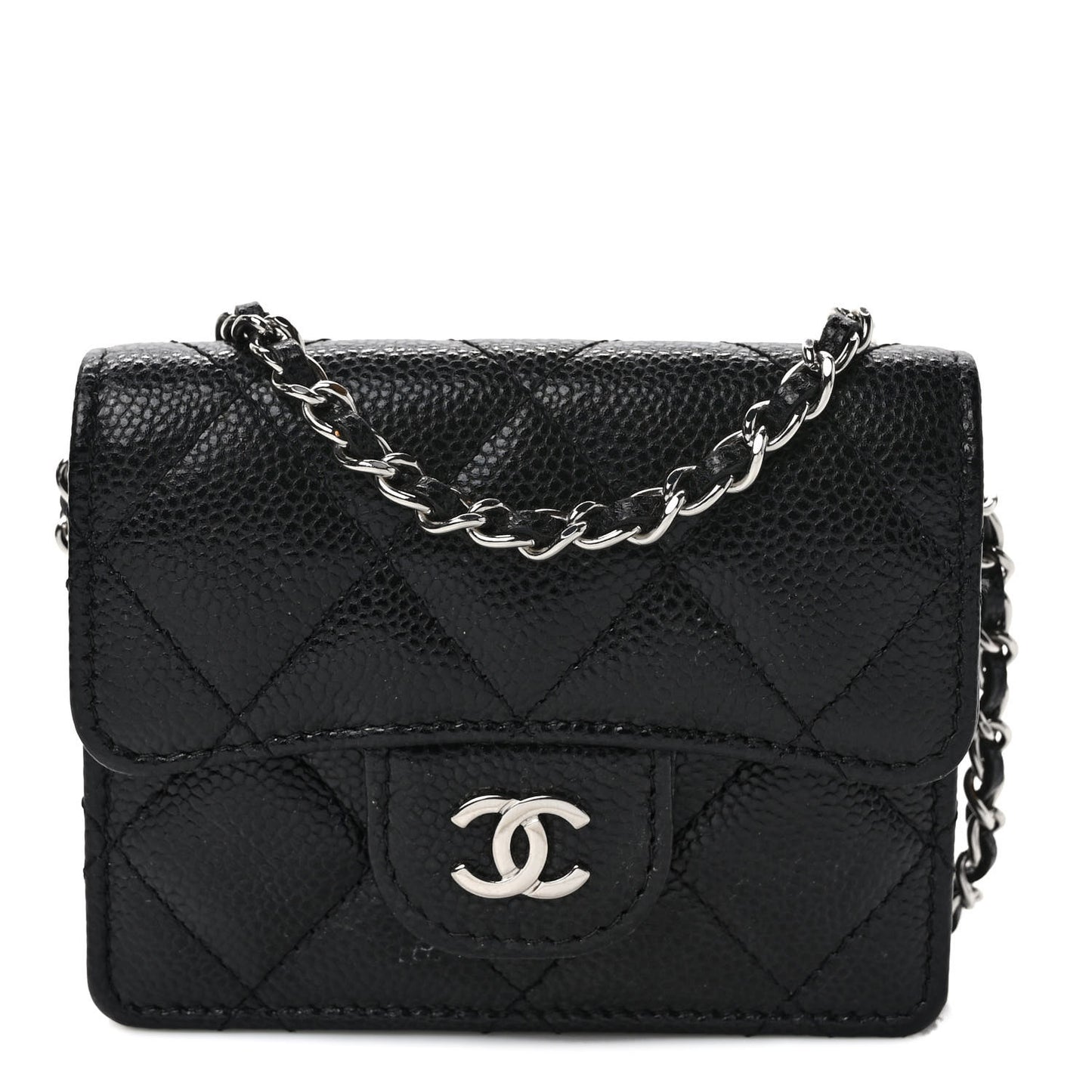 Caviar Quilted Flap Card Holder On Chain Black