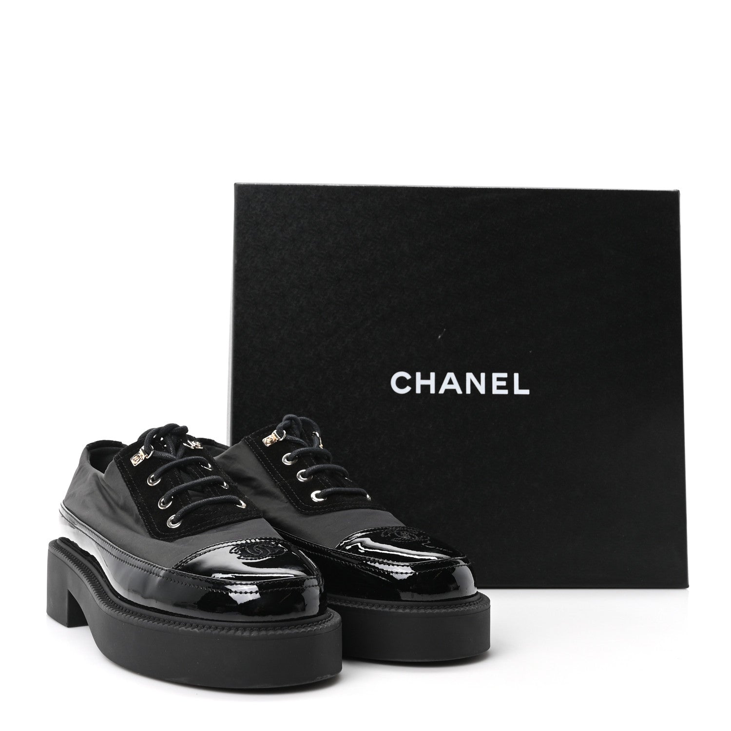 Chanel Nylon Suede Patent Calfskin CC Captoe Lace Up Oxfords 39.5 Black 10 of 10