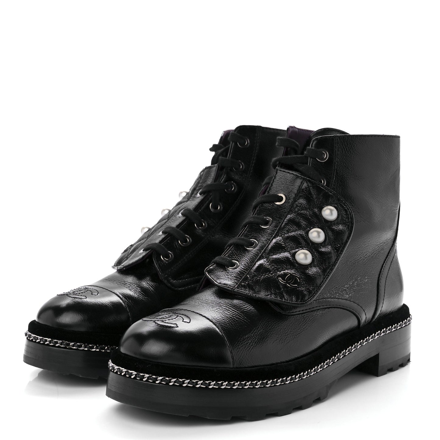 Crackled Calfskin Velvet Pearl Combat Short Boots 39 Black