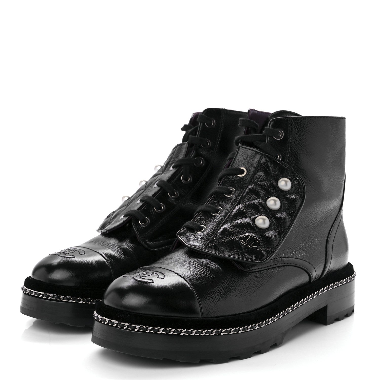 Chanel Crackled Calfskin Velvet Pearl Combat Short Boots 39 Black 3 of 11