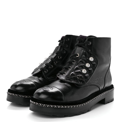 Chanel Crackled Calfskin Velvet Pearl Combat Short Boots 39 Black 3 of 11