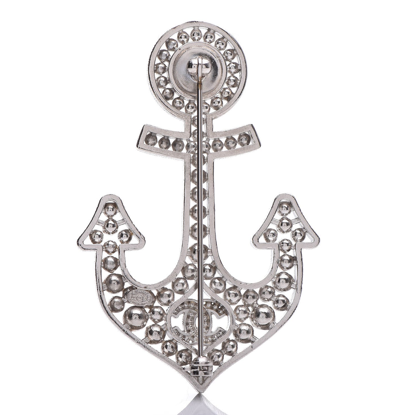 Crystal Pearl CC Anchor Brooch Silver