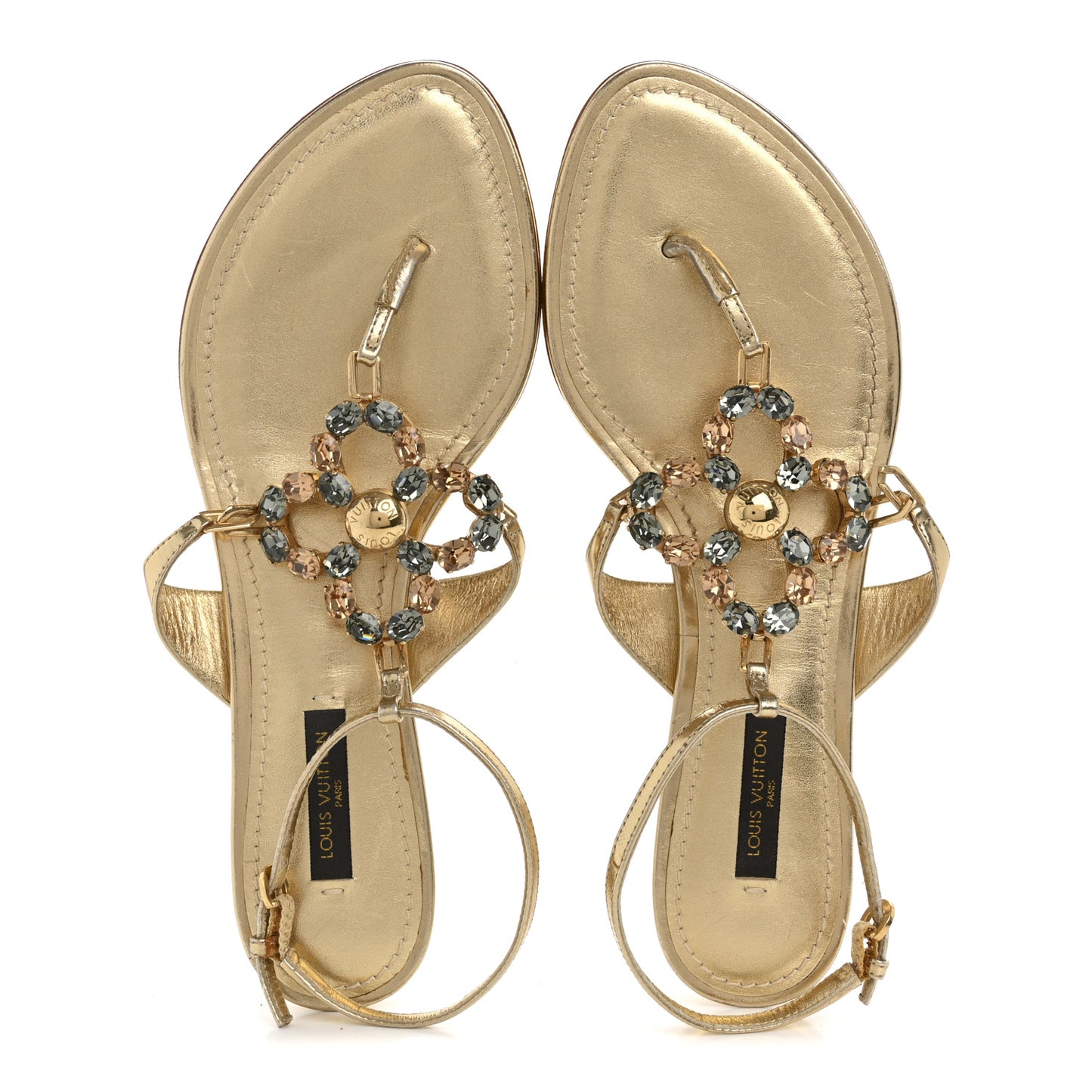 Metallic Calfskin Crystal Flower Thong Flat Sandals 37.5 Gold