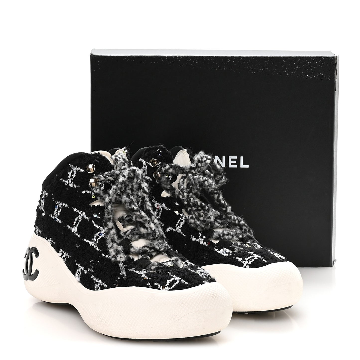 Tweed Sequins CC Lace Up Ankle Snow Boots 40 Black White