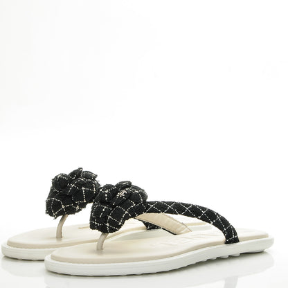 Chanel Tweed Quilted Camellia Thong Sandals 39.5 Black White 3 of 9