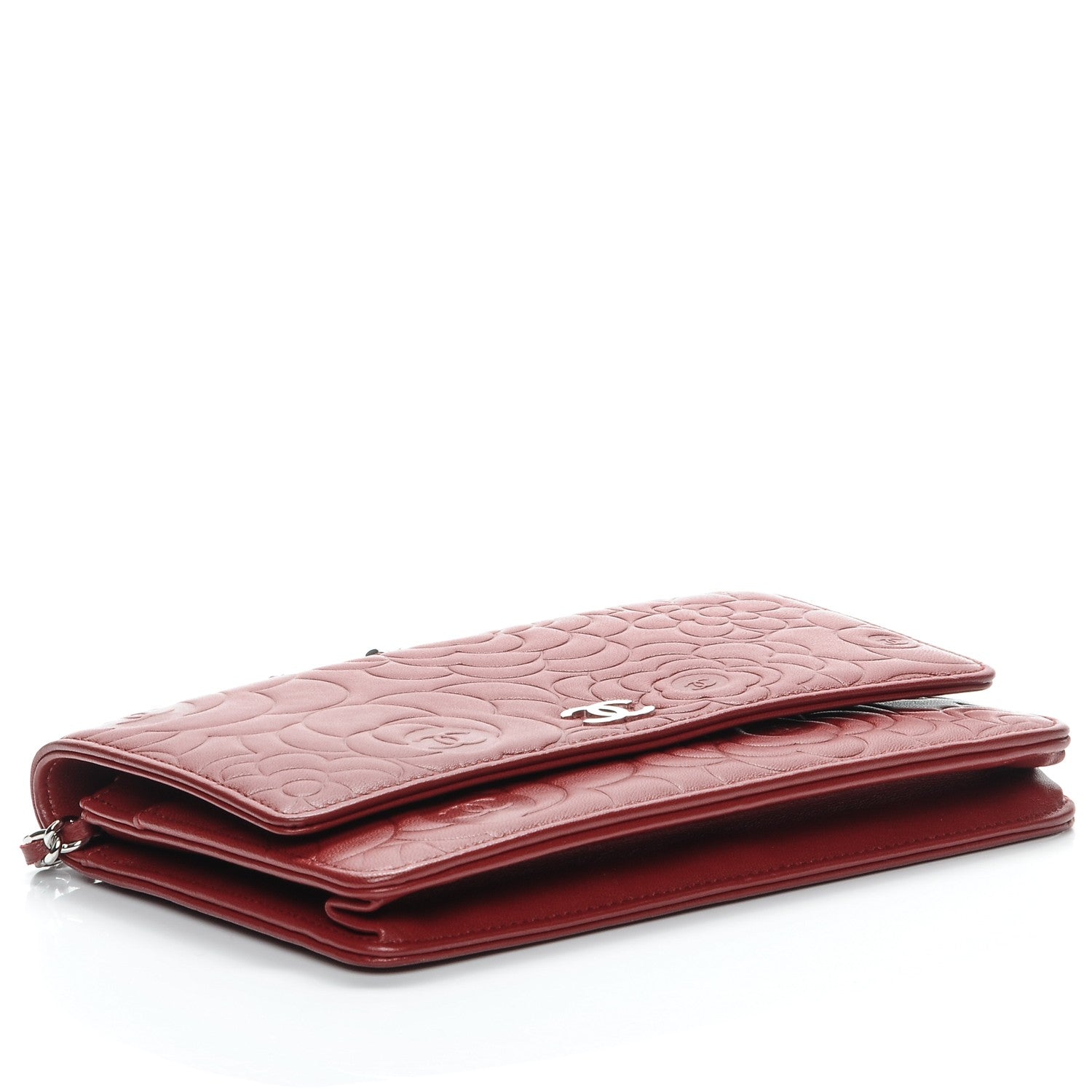 Chanel Lambskin Camellia Embossed Wallet On Chain WOC Dark Red 4 of 8