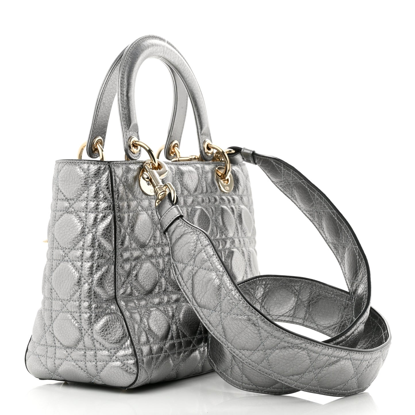 Metallic Grained Calfskin Cannage Medium Supple Lady Dior Silver