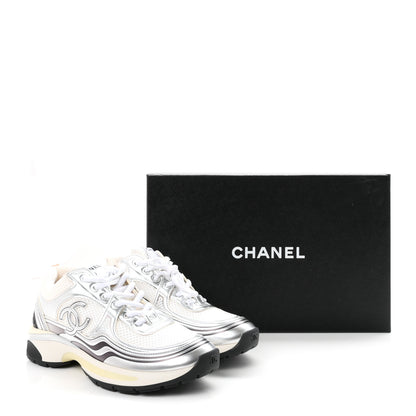 Chanel Fabric Laminated Calfskin Stretch CC Womens Sneakers 38 White Silver 10 of 10