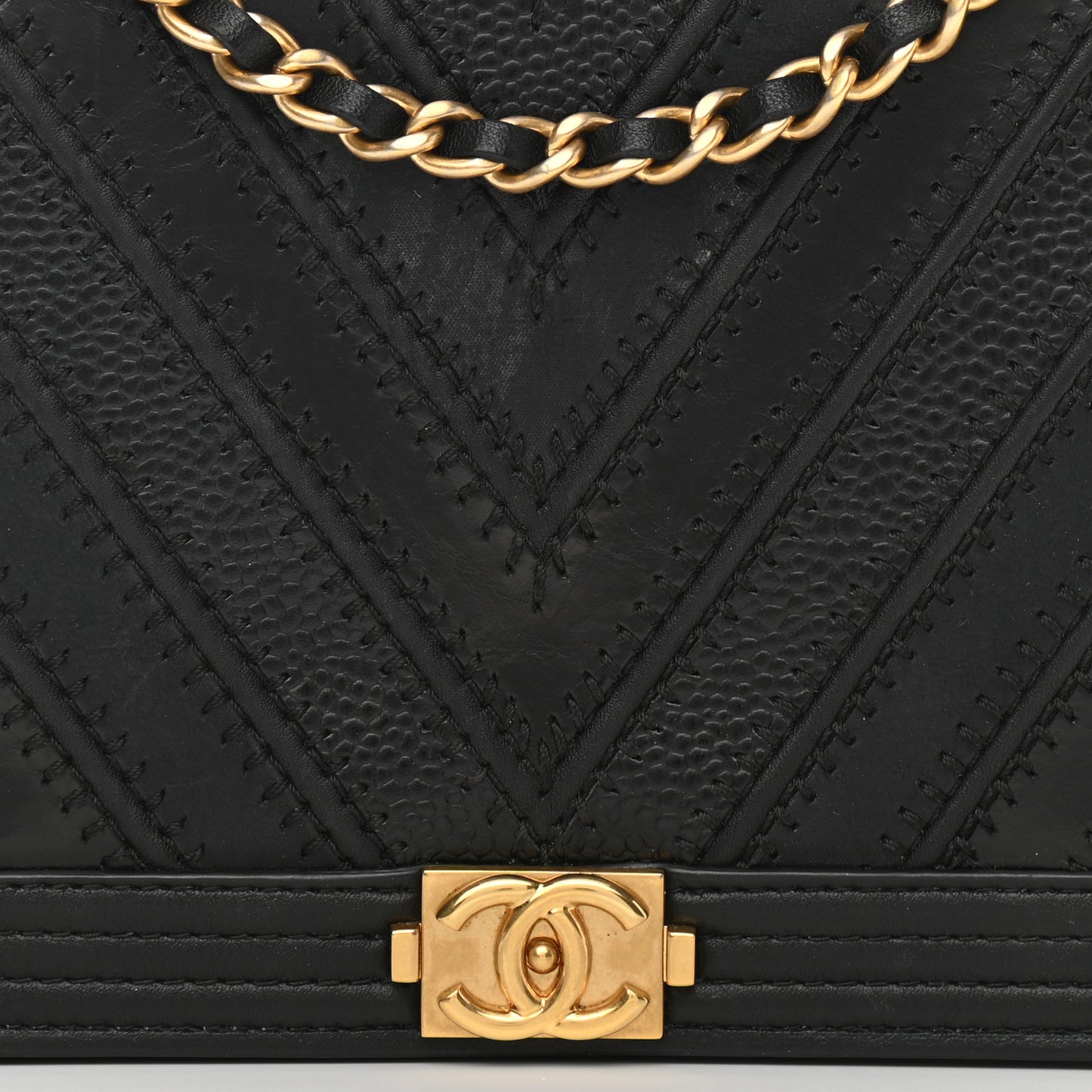 Calfskin Caviar Chevron Quilted Mixed Boy Wallet On Chain WOC Black