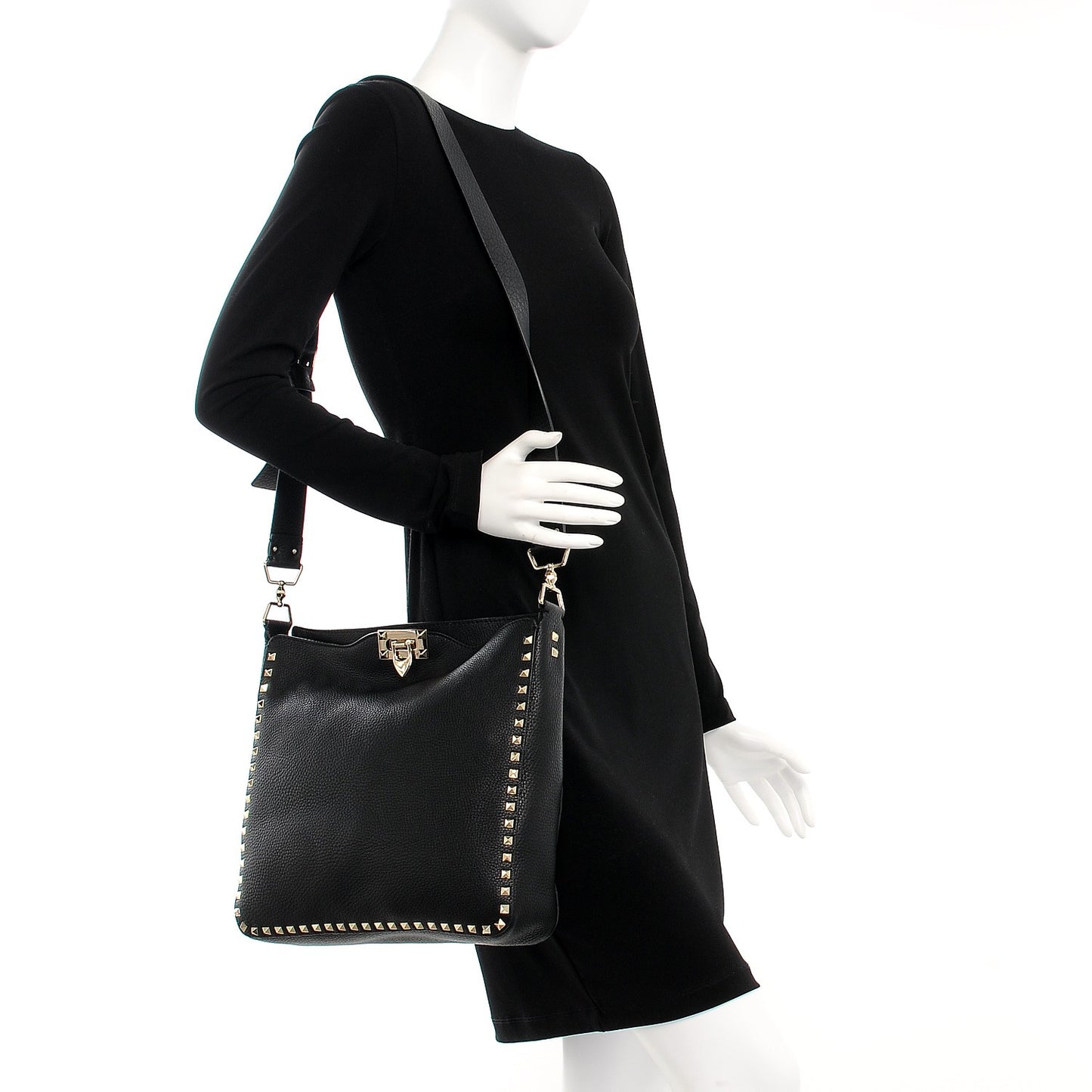 Pebbled Calfskin Large Rockstud Flip-Lock Messenger Bag Black