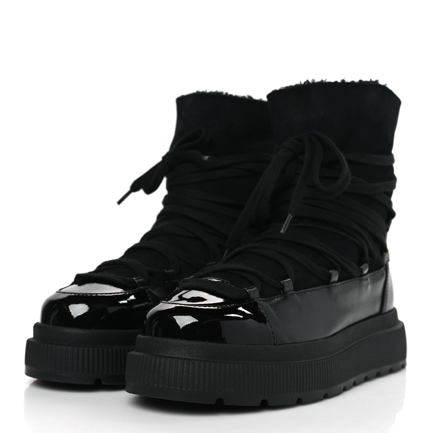 Lambskin Patent Cap Toe Lace Up Boots 38.5 Black