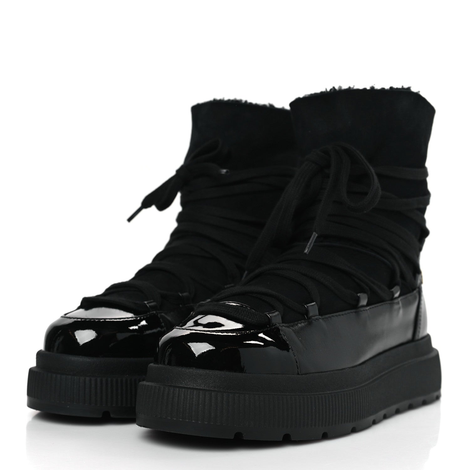 Chanel Lambskin Patent Cap Toe Lace Up Boots 38.5 Black 3 of 7
