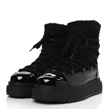 Chanel Lambskin Patent Cap Toe Lace Up Boots 38.5 Black 3 of 7