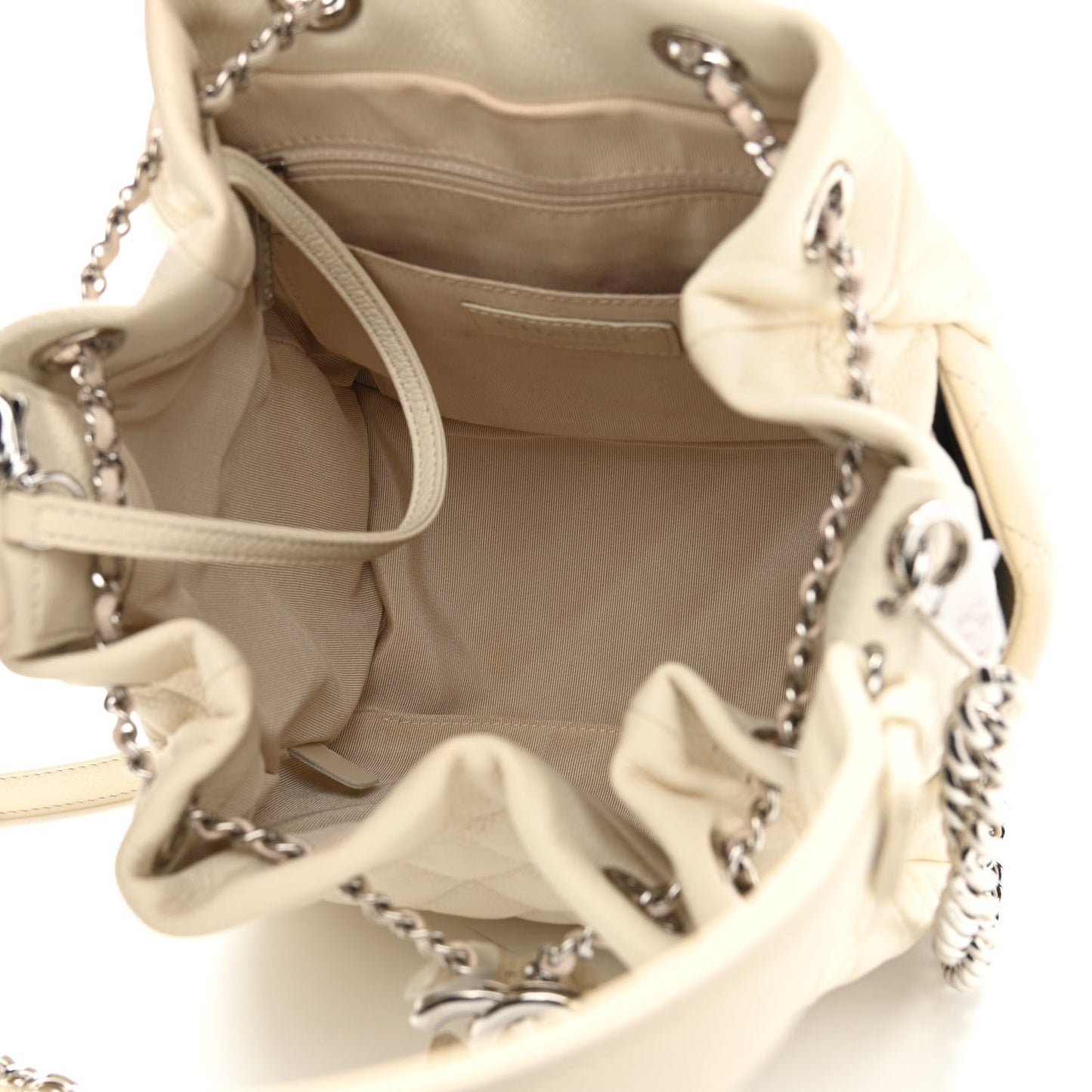 Caviar Flat Quilted CC Chain Bucket Drawstring Bag Light Beige