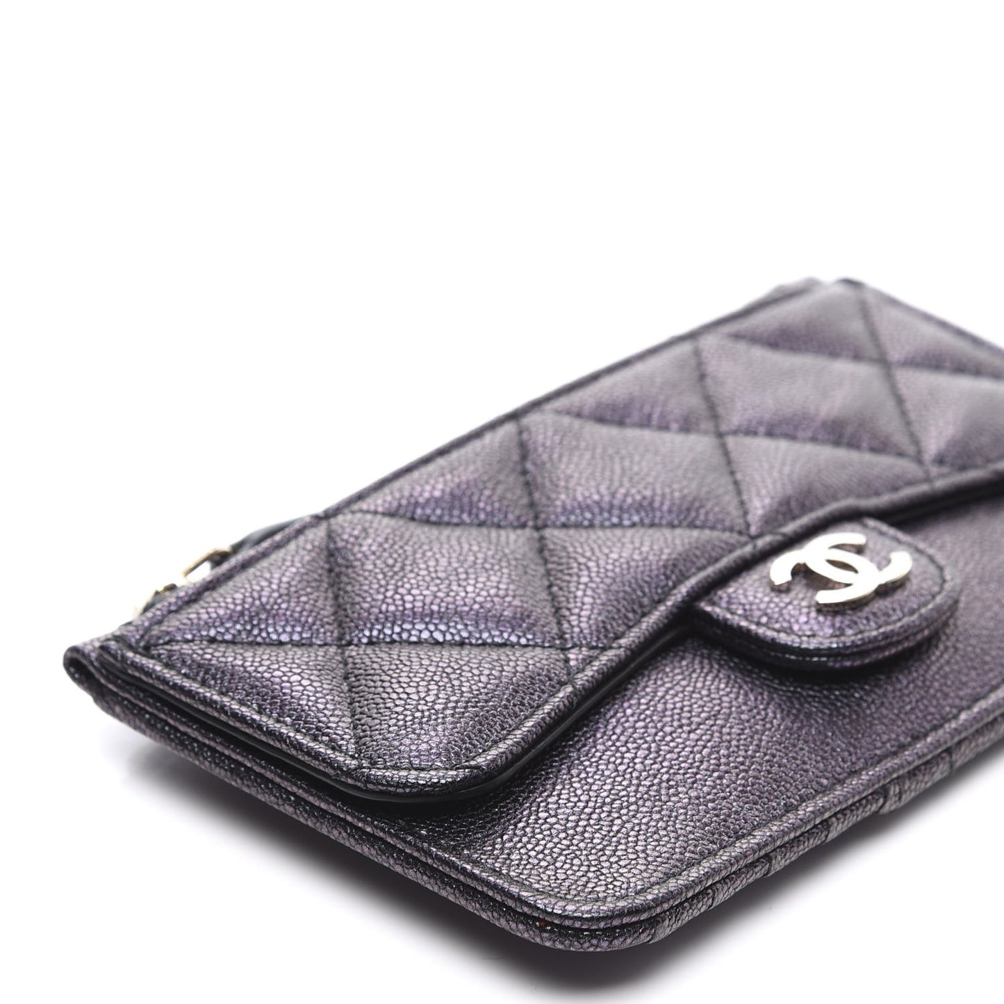 Iridescent Caviar Quilted Flap Zip Card Holder Black