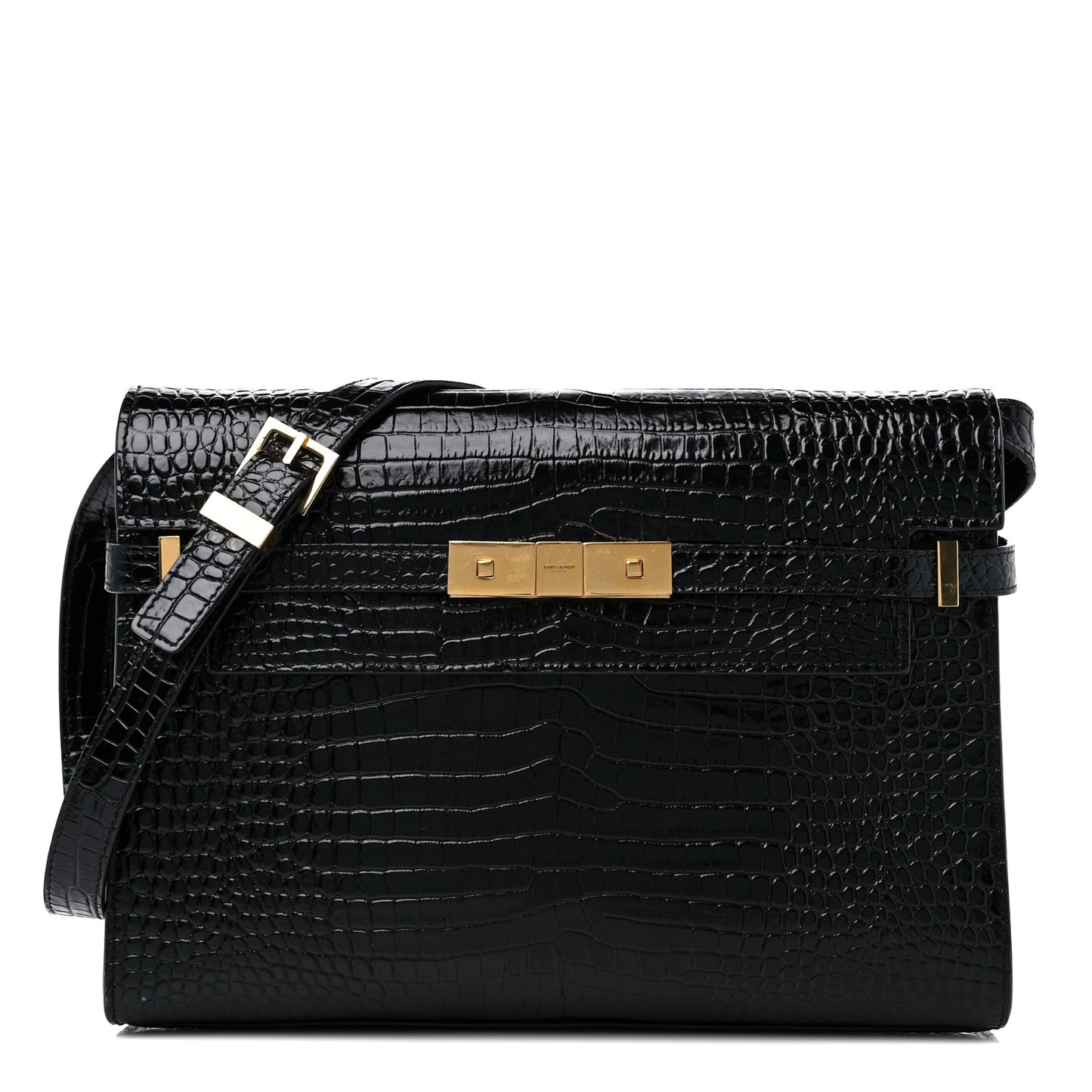 Shiny Calfskin Crocodile Embossed Manhattan Baguette Black