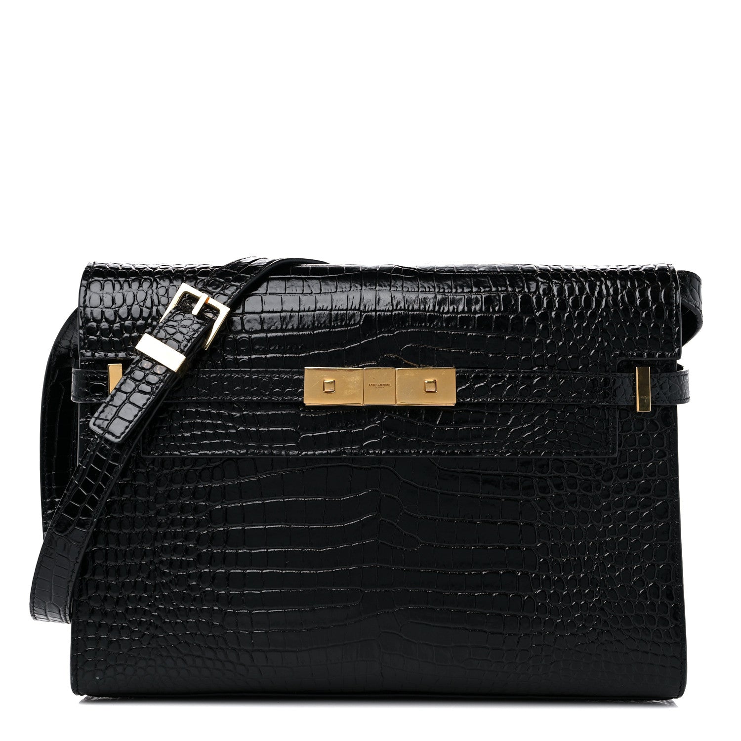 Saint Laurent Shiny Calfskin Crocodile Embossed Manhattan Baguette Black 1 of 13