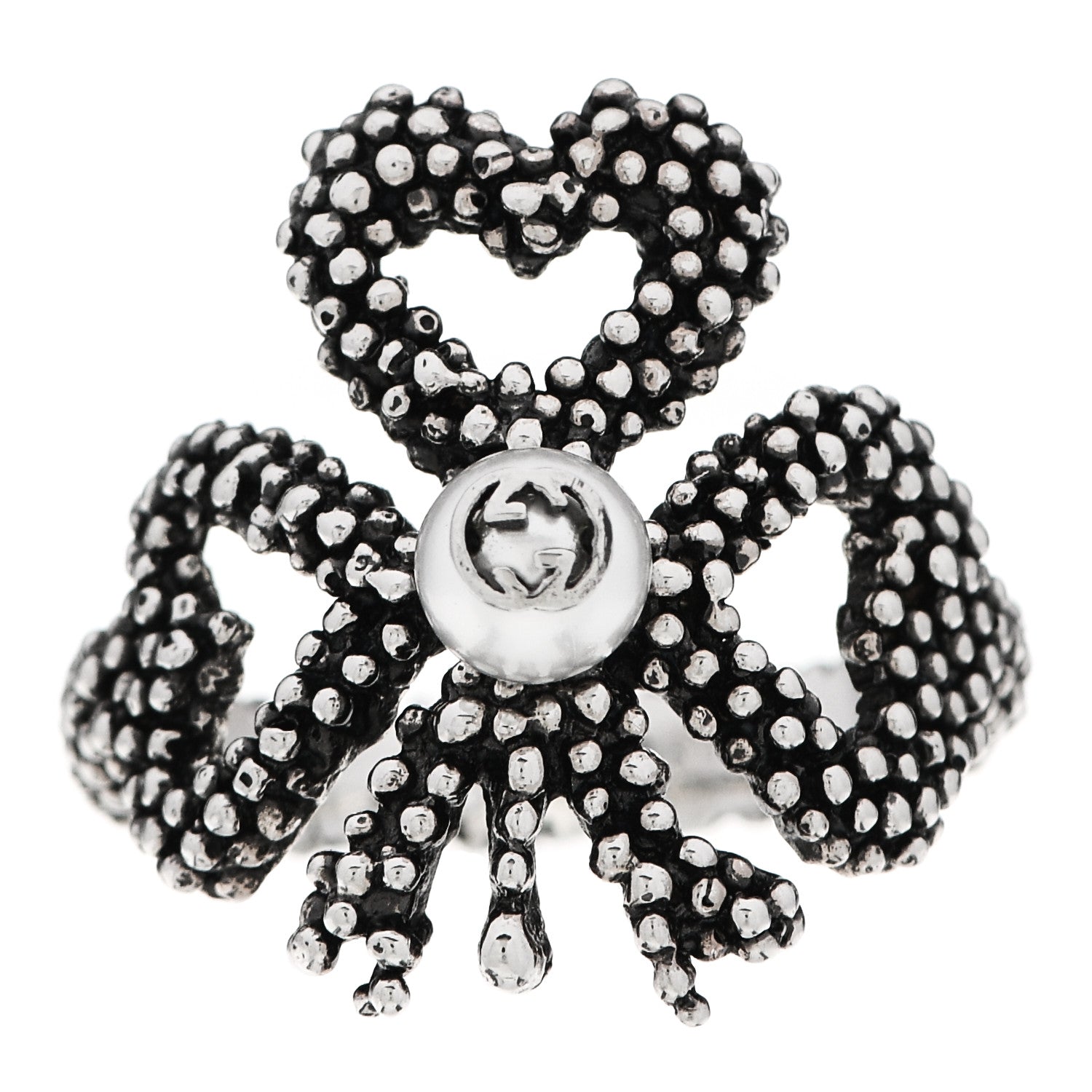 Gucci Sterling Silver Glass Pearl Heart Ribbon Ring 53 6.5 1 of 6