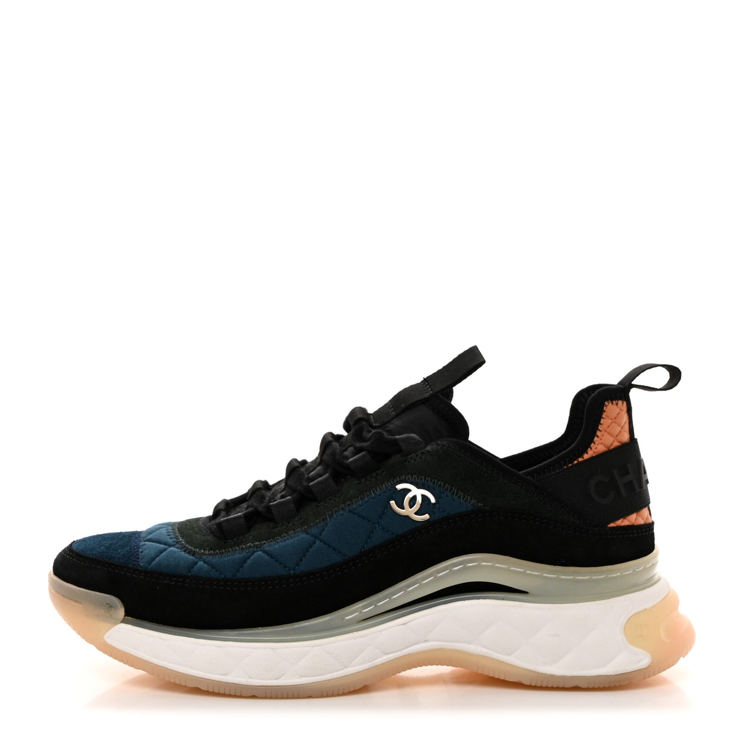 Fabric Suede Calfskin CC Sneakers 37.5 Dark Blue Dark Green Light Orange