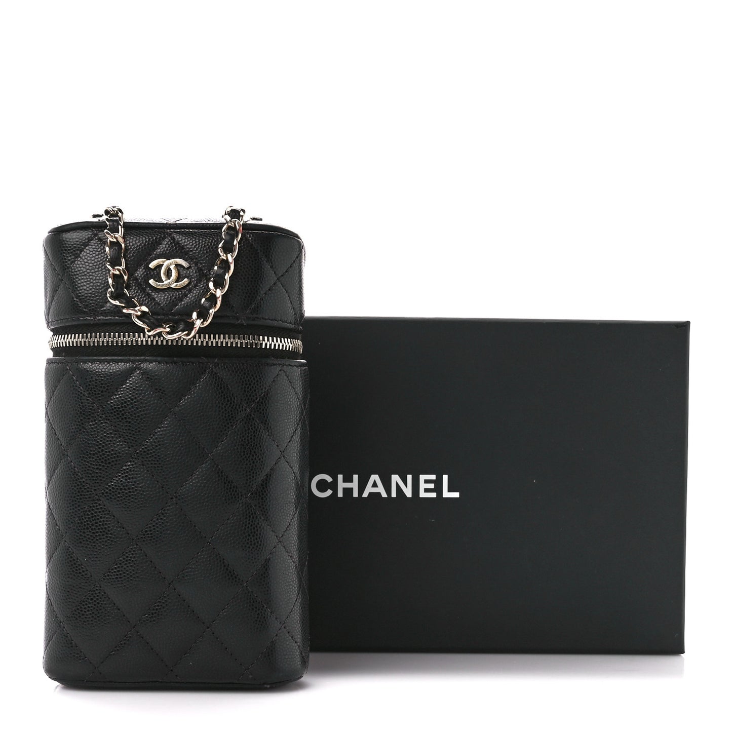 Caviar Quilted Phone Holder With Chain Black