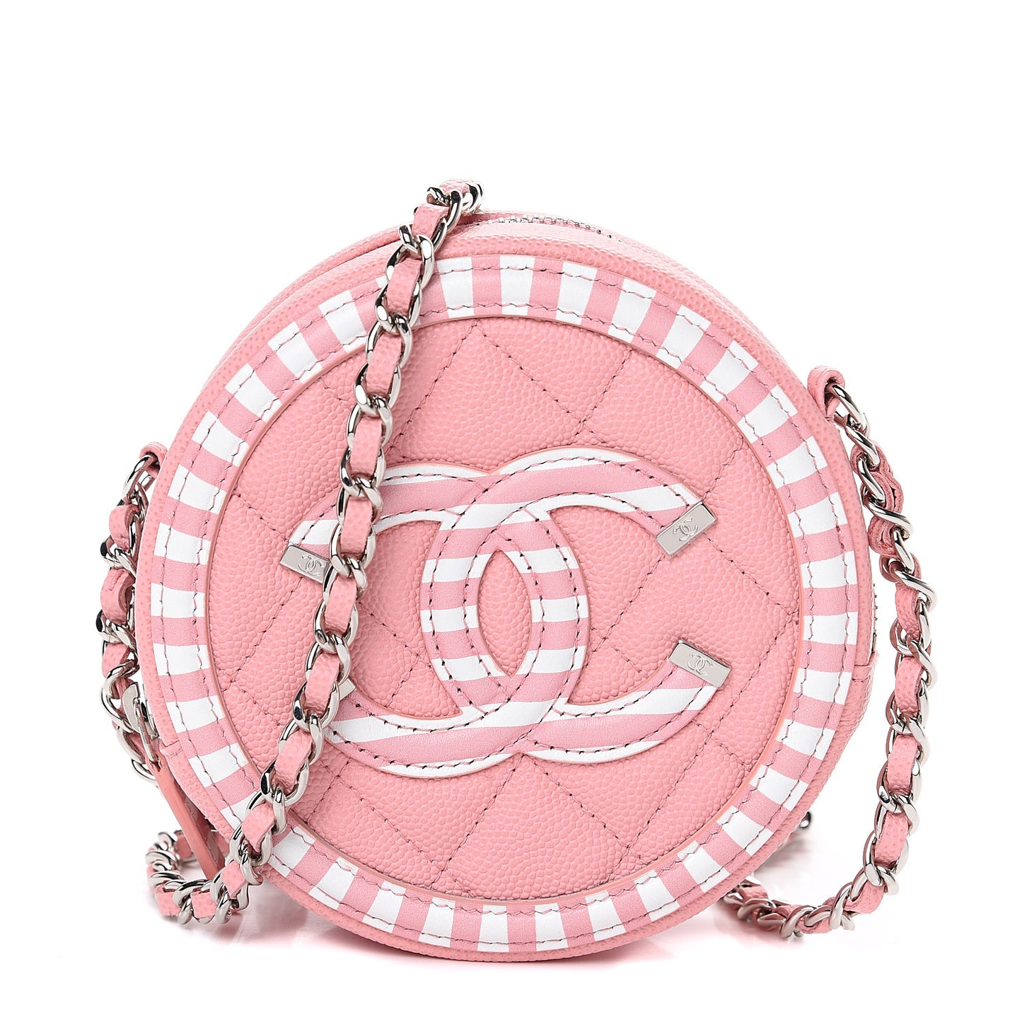 Caviar Quilted Filigree Round Clutch With Chain Pink White