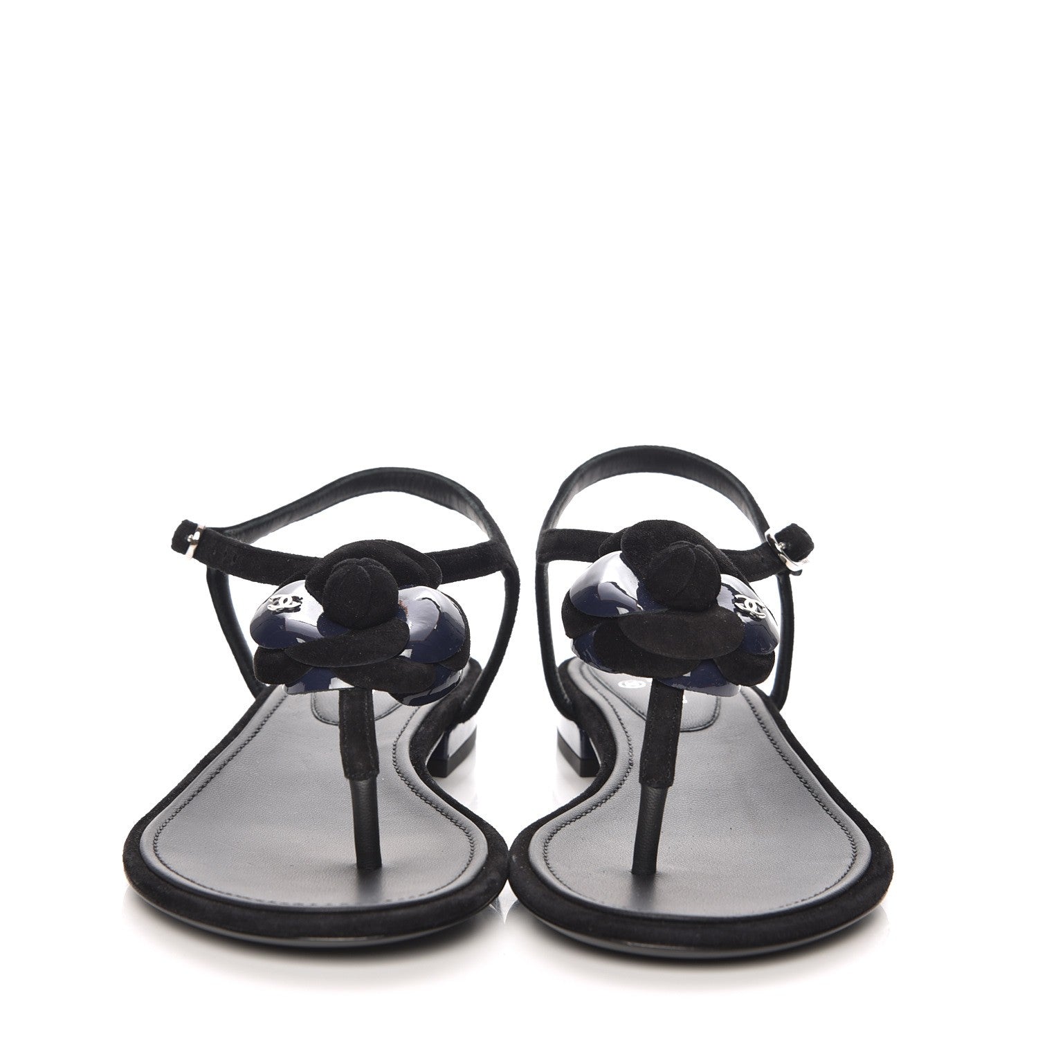 Chanel Suede Patent Calfskin Camellia Thong Sandals 36 Black 2 of 9