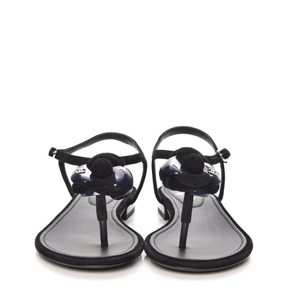 Chanel Suede Patent Calfskin Camellia Thong Sandals 36 Black 2 of 9