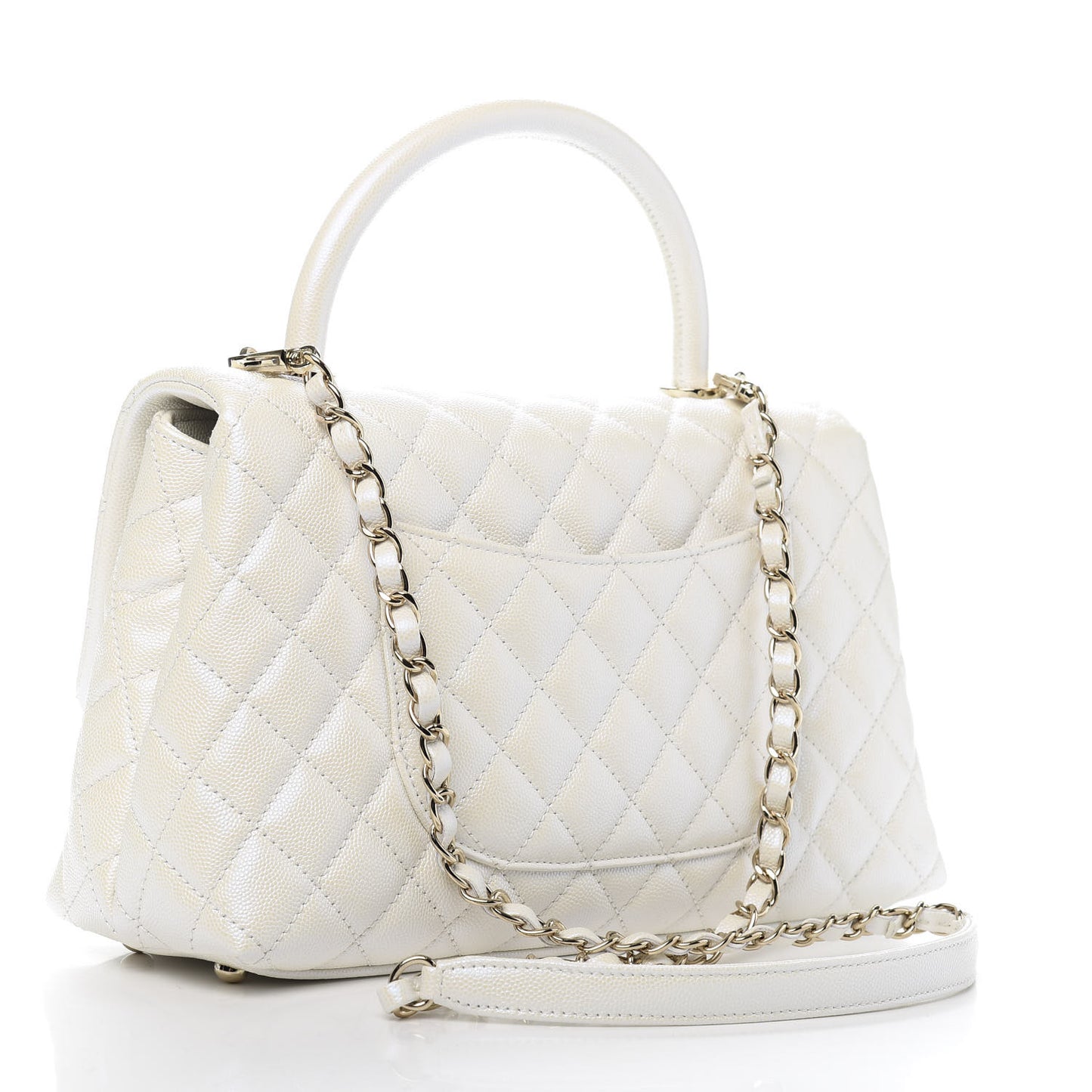 Iridescent Caviar Quilted Small Coco Handle Flap White