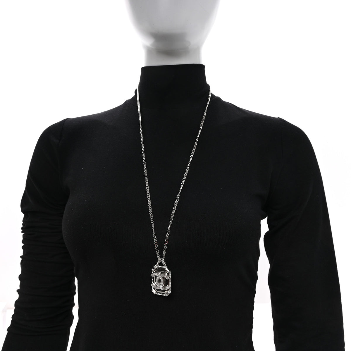 Crystal Baguette CC Mirror Pendant Necklace Silver