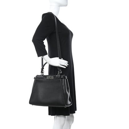Fendi Cuoio Romano Selleria Bi-Color Medium Peekaboo Iconic Satchel Black Mou 2 of 9