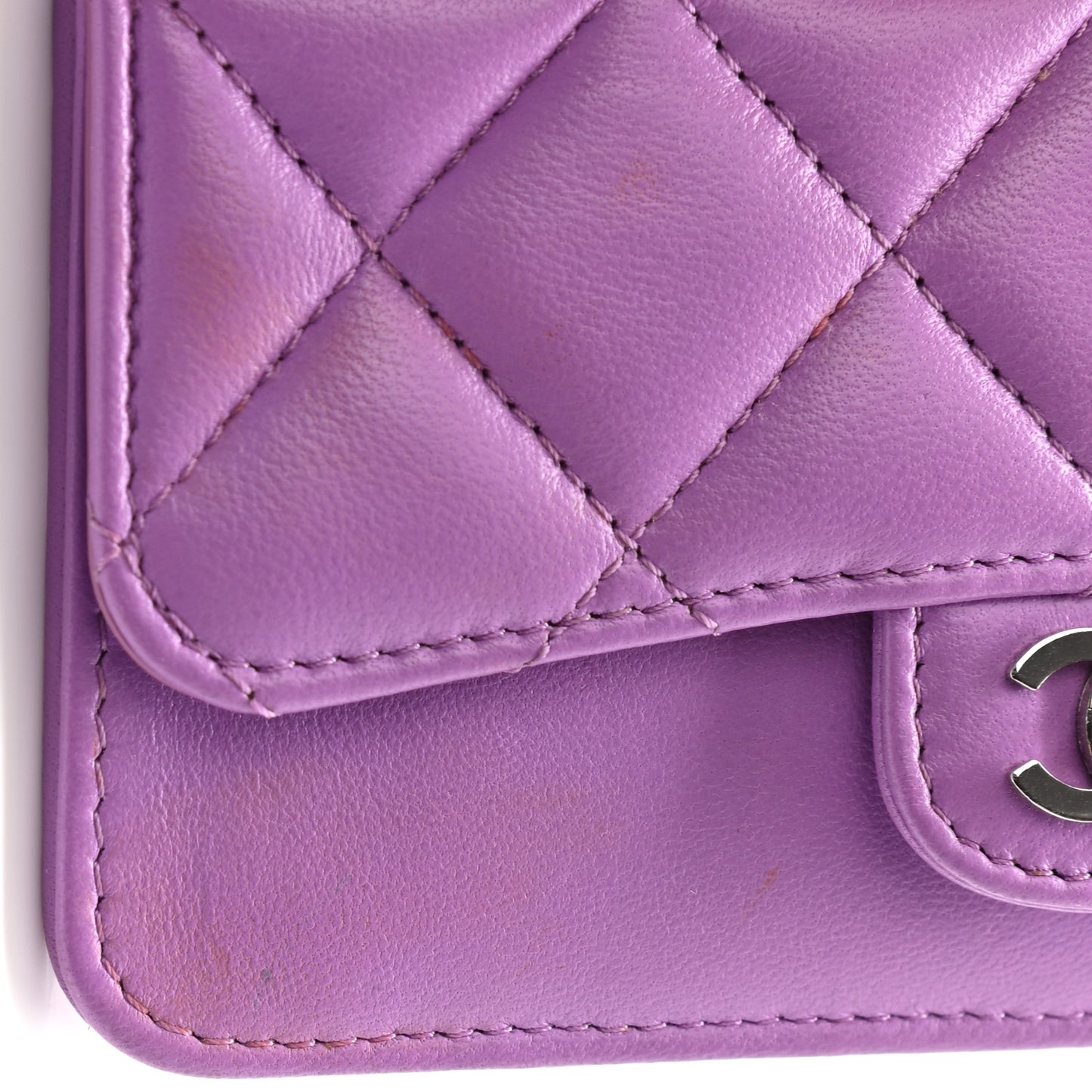 Lambskin Quilted Flap Zip Card Holder Purple