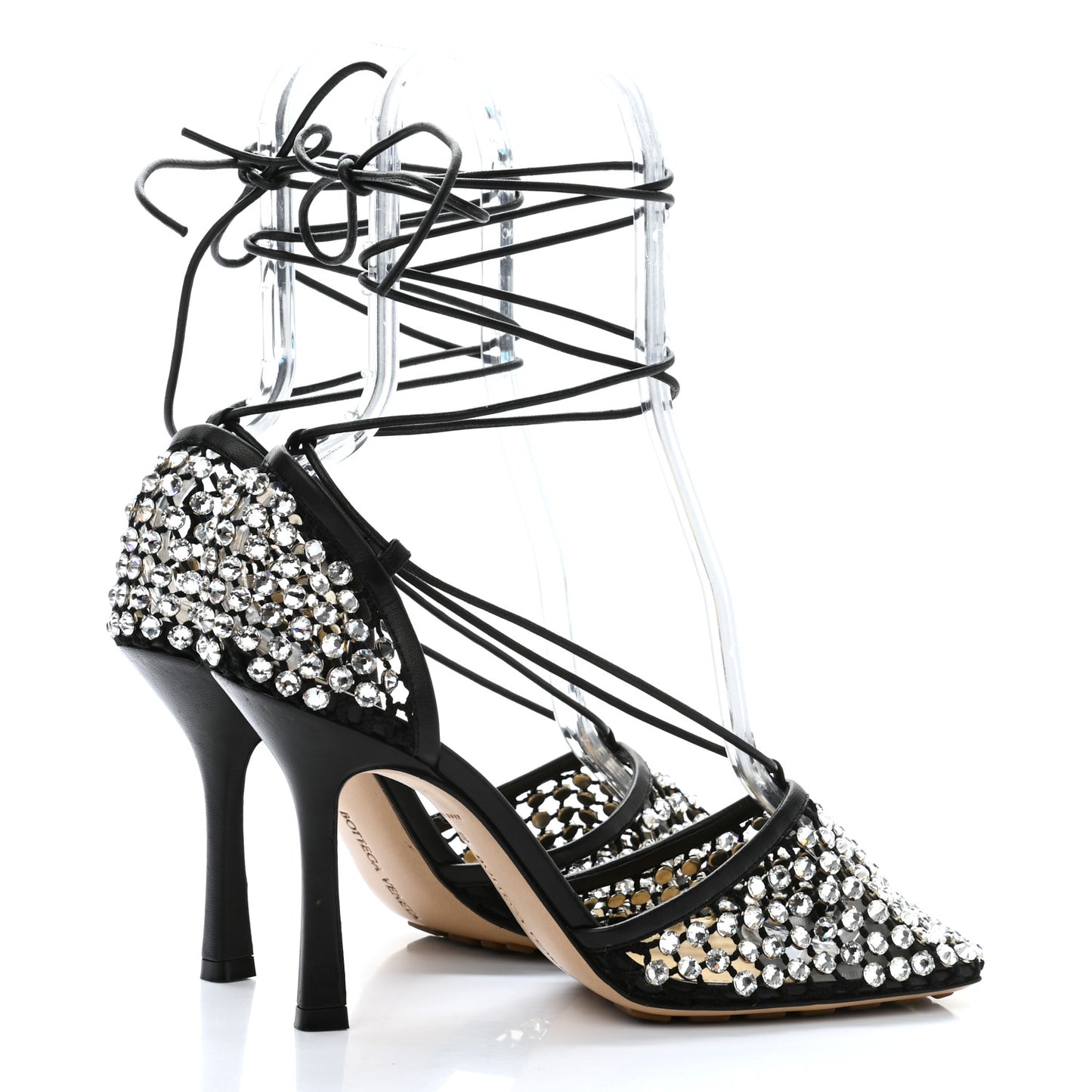 Mesh Nappa Crystal Embellished Sparkle Stretch Ankle Tie Sandals 39 Black