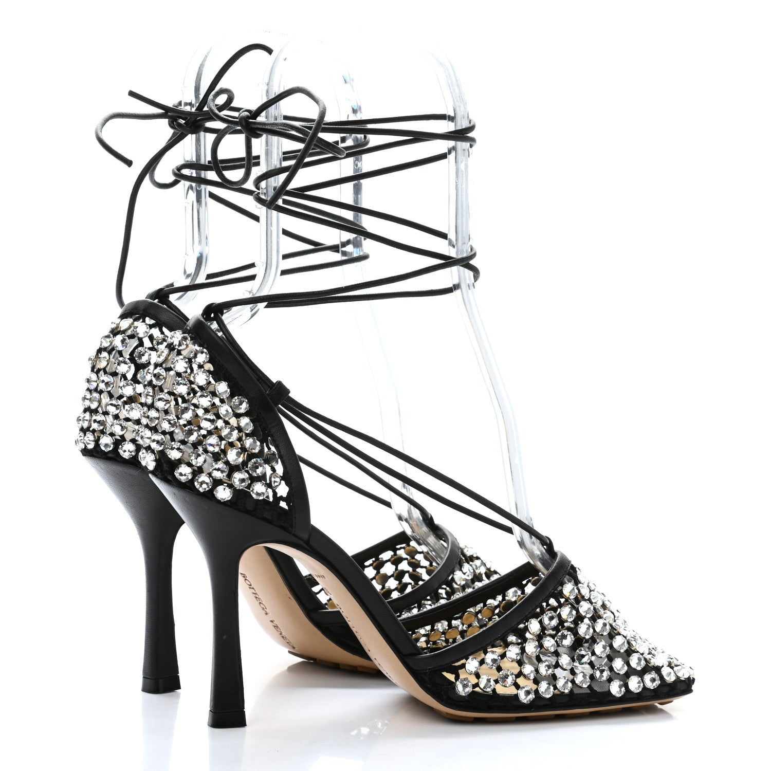 Bottega Veneta Mesh Nappa Crystal Embellished Sparkle Stretch Ankle Tie Sandals 39 Black 4 of 8