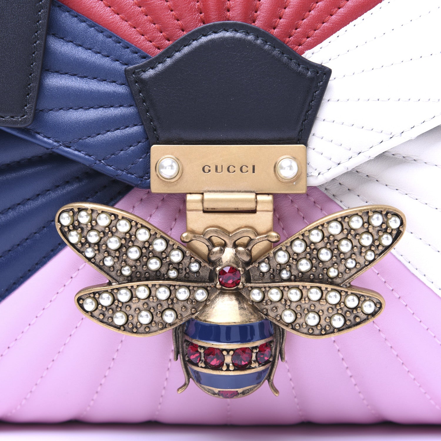 Gucci Calfskin Bamboo Trapuntata Queen Margaret Top Handle Bag Blue Agata Hibiscus Red Mystic White Sugar Pink 15 of 20