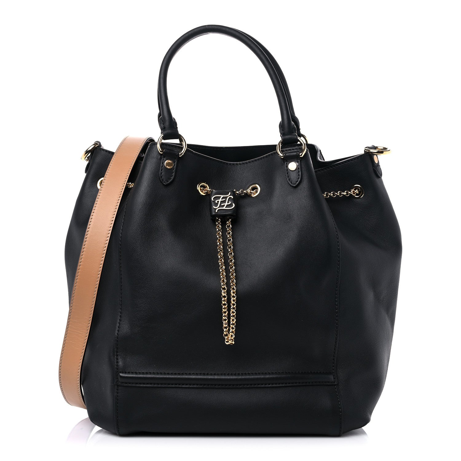 Fendi Vitello Grace King Karligraphy Chain Bucket Bag Black Bisquit 1 of 16