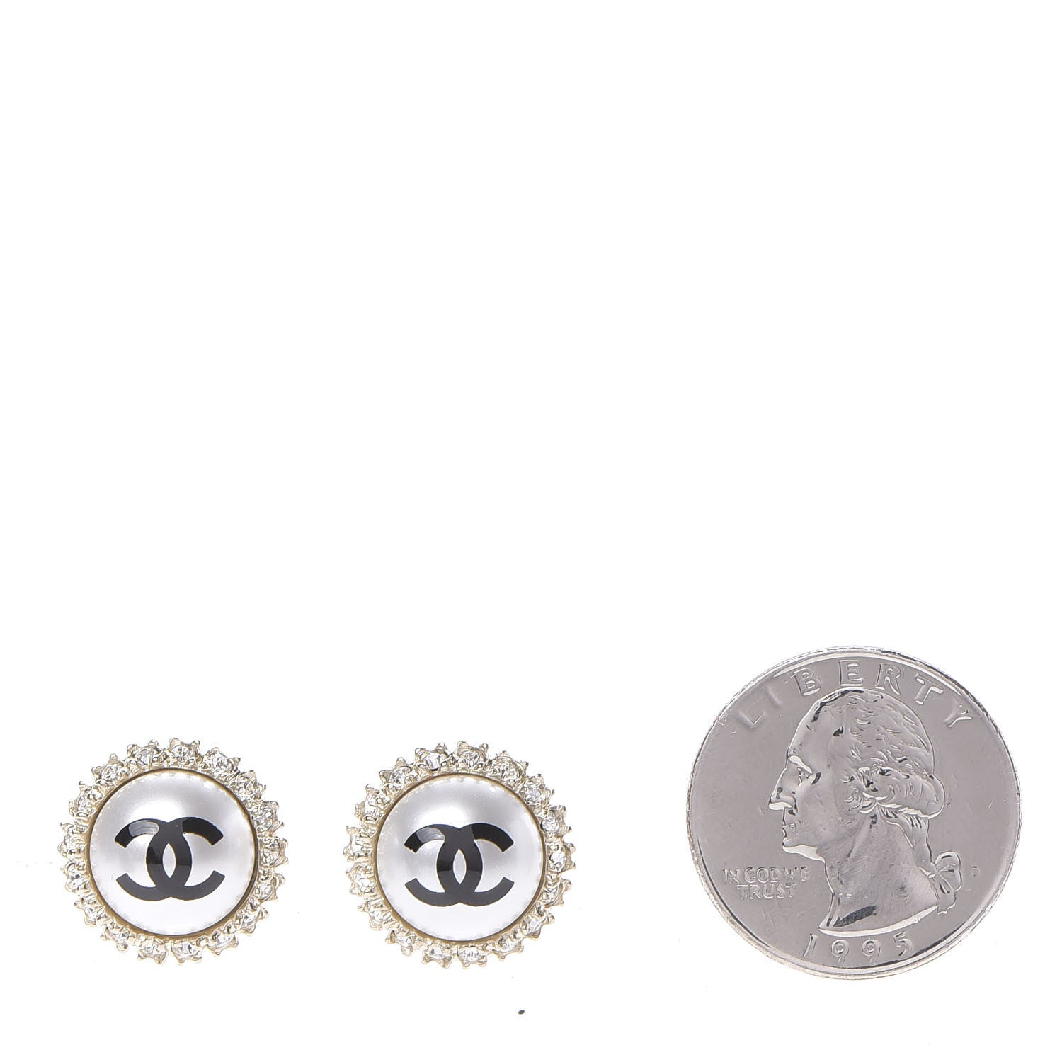 Chanel Crystal Pearl CC Round Earrings Gold Pearly White Black 2 of 5