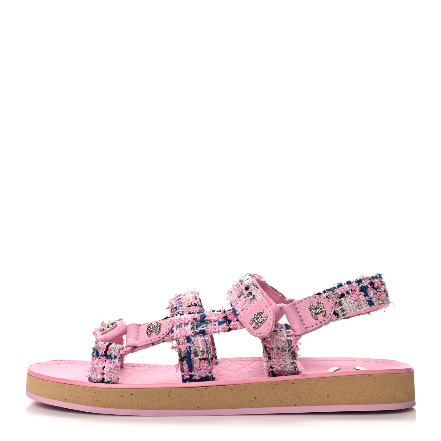 Tweed Lambskin Crystal CC Sandals 38.5 Pink Multicolor