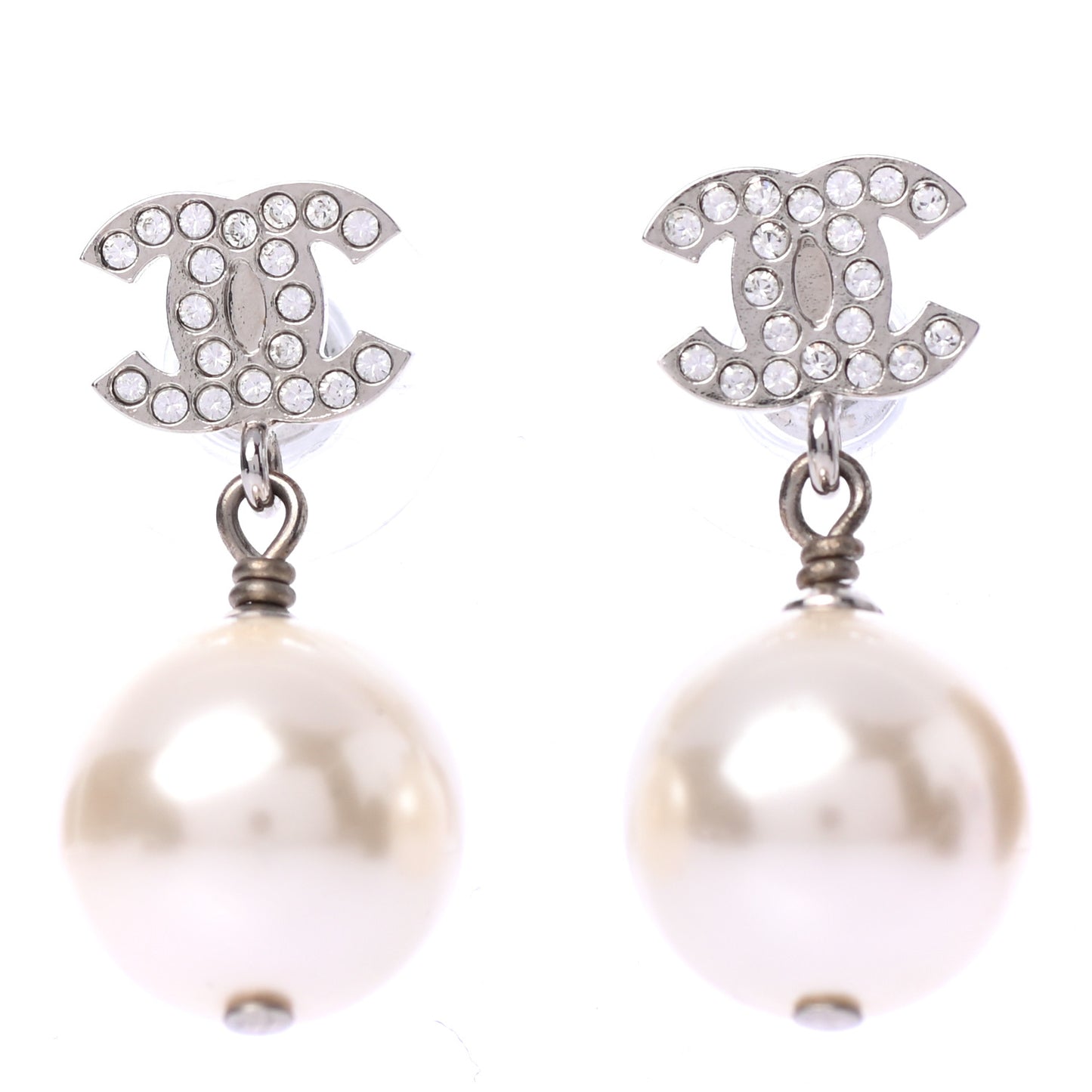 Crystal Pearl CC Drop Earrings Silver Pearly White