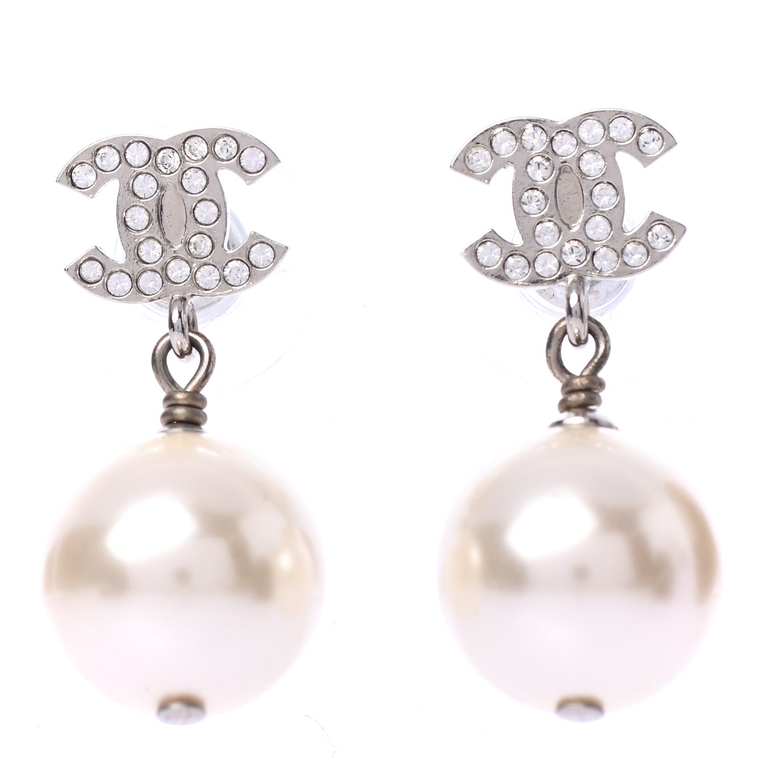 Chanel Crystal Pearl CC Drop Earrings Silver Pearly White 1 of 4